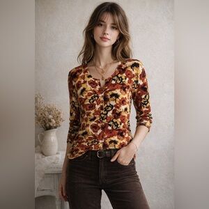 Nue Options Petite Floral Button Up Top PM 3/4 Sleeve Modest Boho Retro Fairy